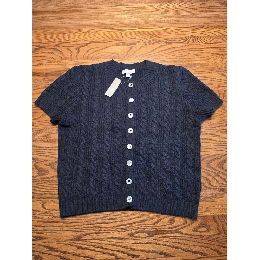 J Crew Cardigan Sweater Womens Size Medium Black Cable-Knit Short Sleeve NWT